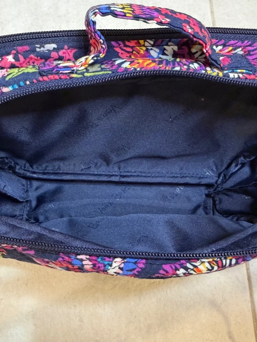 Vera Bradley Navy Blue Toiletry Bag Floral Pattern Dual Pockets Carry Handle